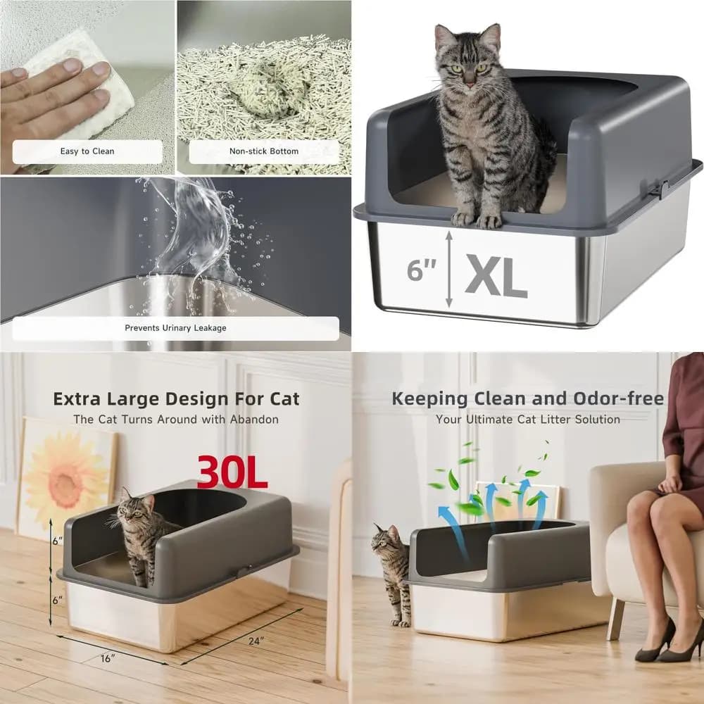 Lettiera per gatti extra large in acciaio inossidabile con bordi alti e coperchio - Facile da pulire, 24L x 16W x 12H