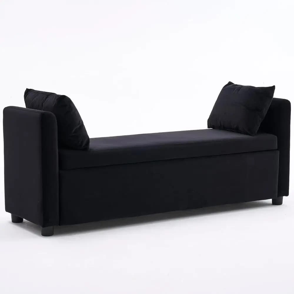 55 Upholstered Storage Bench with Arms and Pillows for Bedroom or Living Room (Black)