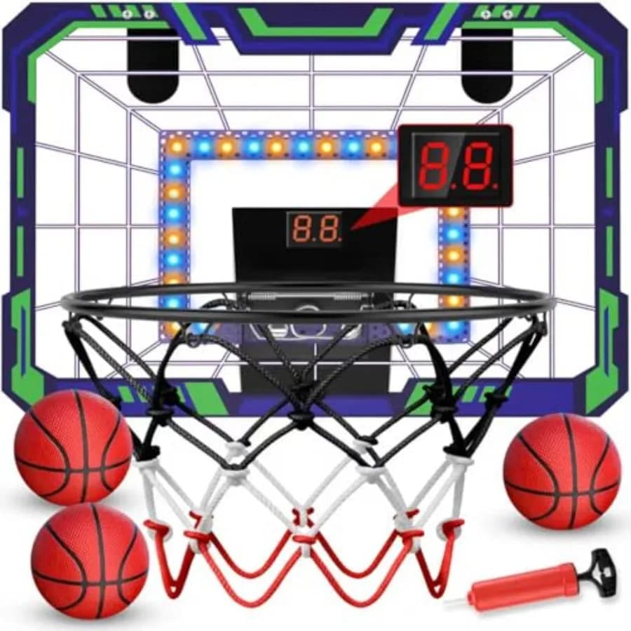 Canestro da basket da interno - Mini canestro da basket da appendere alla porta con luci LED e suono, include 4 palloni - Divertimento per il compleanno