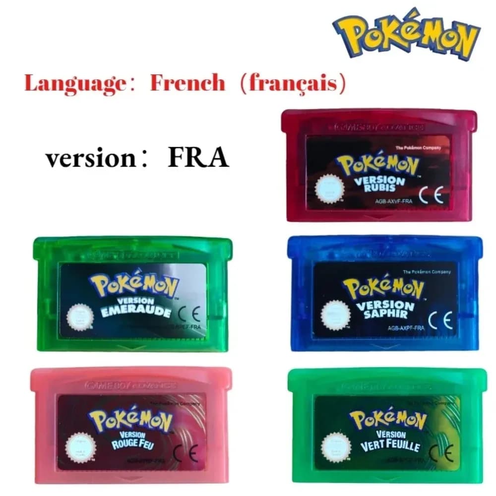 Cartuccia di Gioco Video Pokémon Serie Francese Versione FRA 32 Bit, Smeraldo, Rosso Fuoco, Verde Foglia, Rubino, Zaffiro, Scheda di Gioco GBA, Regalo Giocattolo