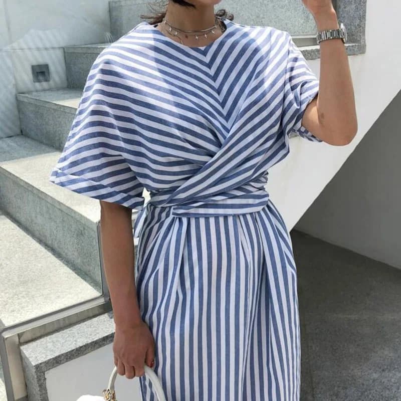 Retro Striped Print Slim Party Dress 2026 Spring Casual Round Neck Belted Long Dress Women Korea Style Short Sleeve Summer Dress
