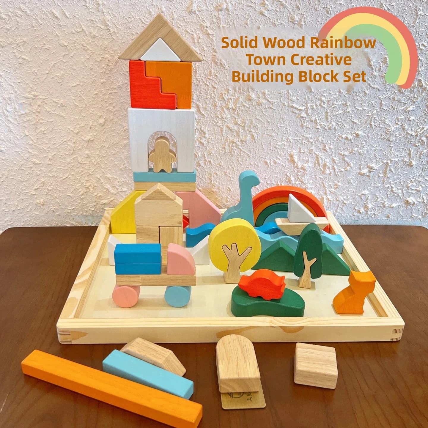 Blocchi di Costruzione in Legno Creativi Rainbow Town, Giocattoli Educativi per Bambini, Scenari di Gioco Immaginativi, Piccole Architetture