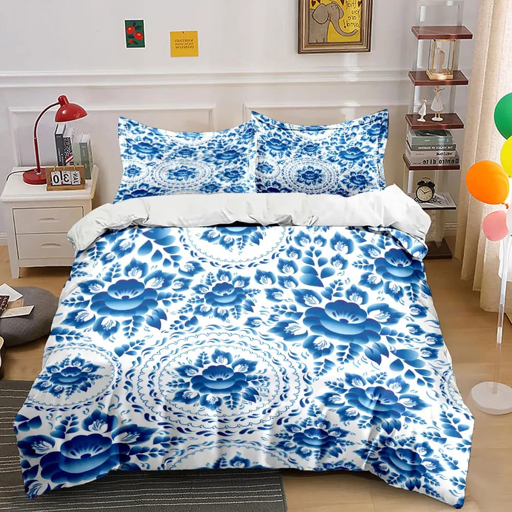 Set di biancheria da letto con stampa floreale blu, 1 copripiumino, 2 federe per adulti e bambini, regalo di lusso, misura completa