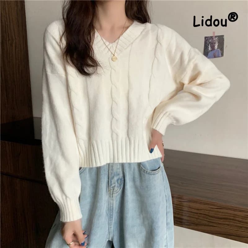 Moda autunno inverno maglioni solidi Womne New manica lunga classico scollo a v allentato corto dolce minoranza tutto-fiammifero Casual Top 2022