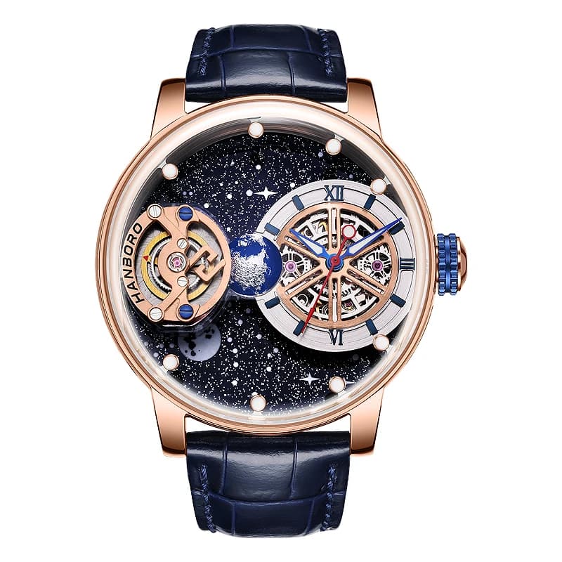 HANBORO Men Automatic Watch 44mm Mechanical Wristwatch Luminous Rotatable Cosmic Dial