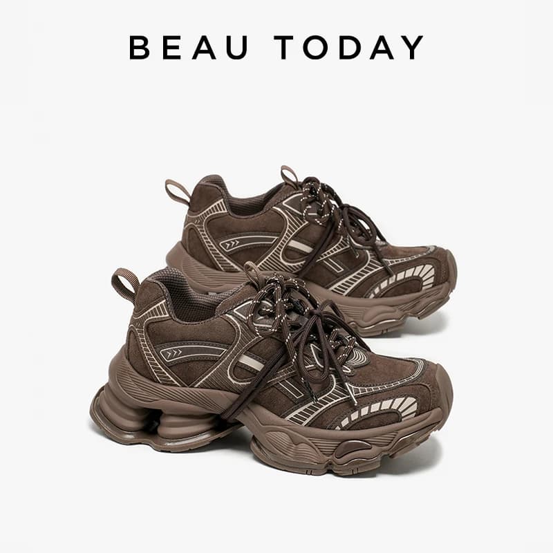 BEAUTODAY Sneakers Chunky da donna in microfibra con punta tonda e lacci, scarpe con plateau fatte a mano 29A61