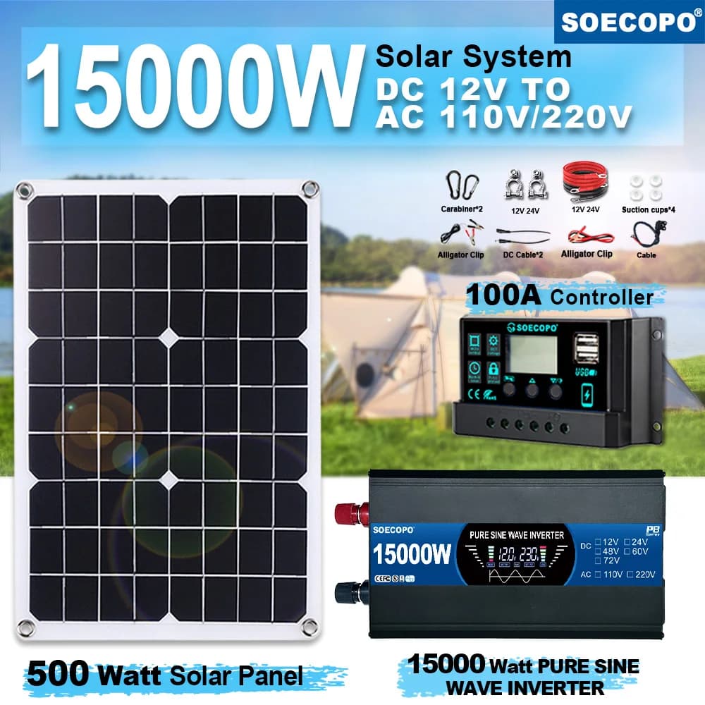 SOECOPO 15000W Inverter a onda sinusoidale pura (12V a 110V/220V) Kit sistema solare portatile Pannello 500W Controller 100A per campeggio/casa