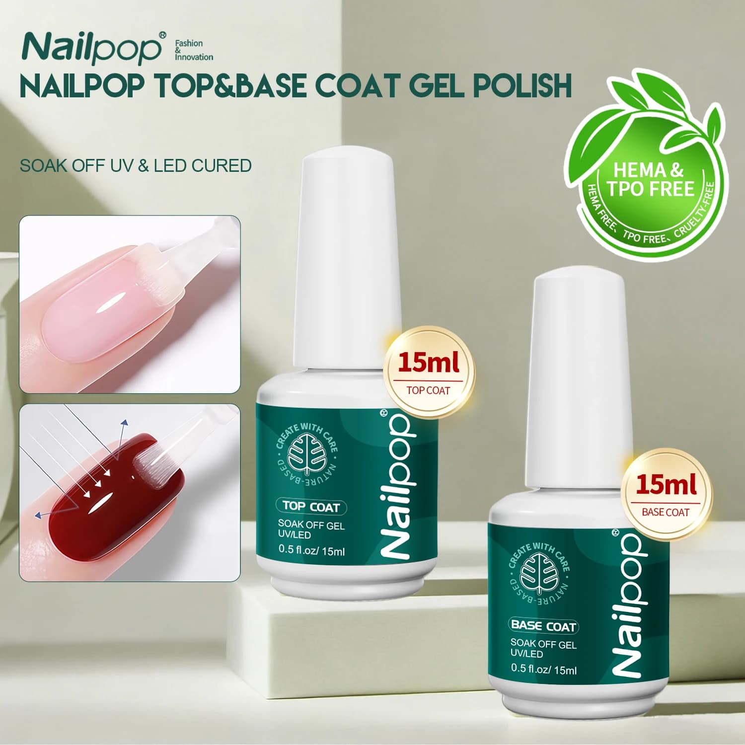Nailpop HEMA/TPO Gel polish kit with free top 2 pieces 15 ml Transparent Soak Off UV/LED Cure Robust essential long lasting manicure