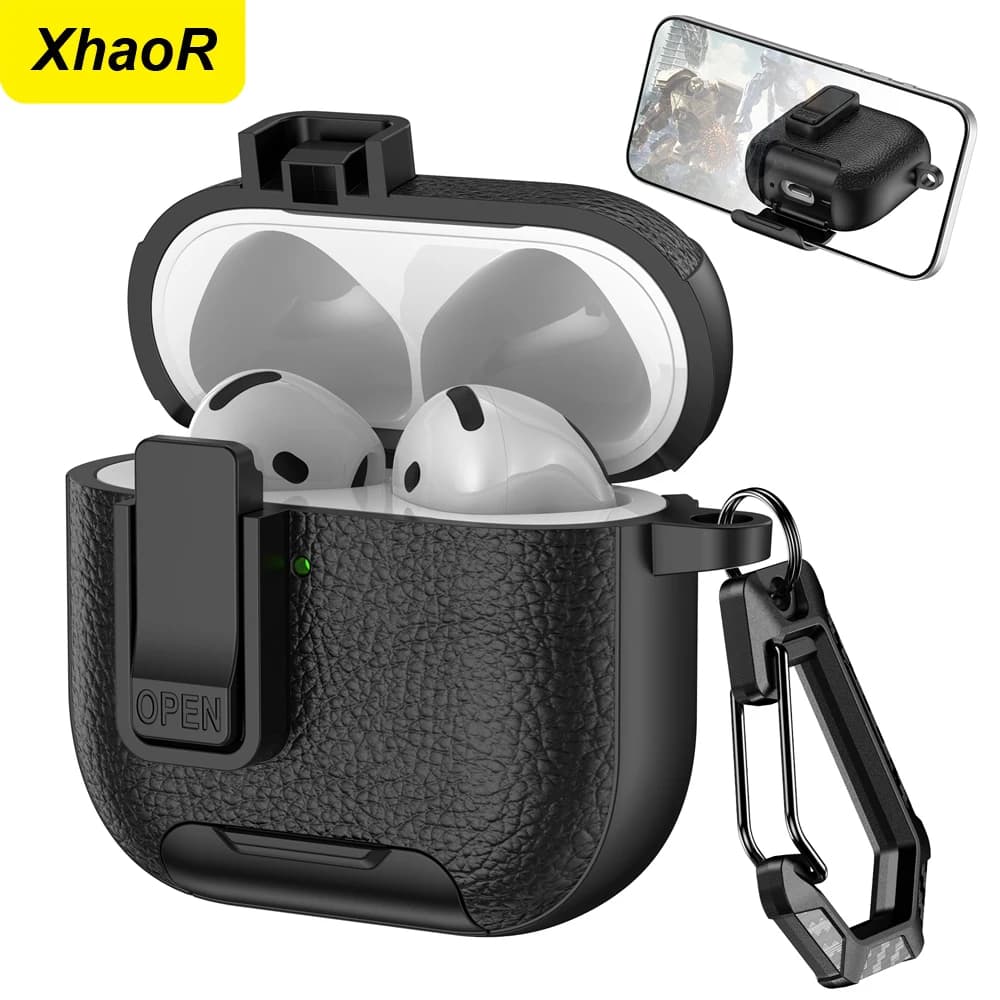 Custodia con blocco sicuro per AirPods Pro 2 4 Cover con supporto invisibile per telefono Custodia in pelle per Air Pods 4 Custodia di ricarica wireless