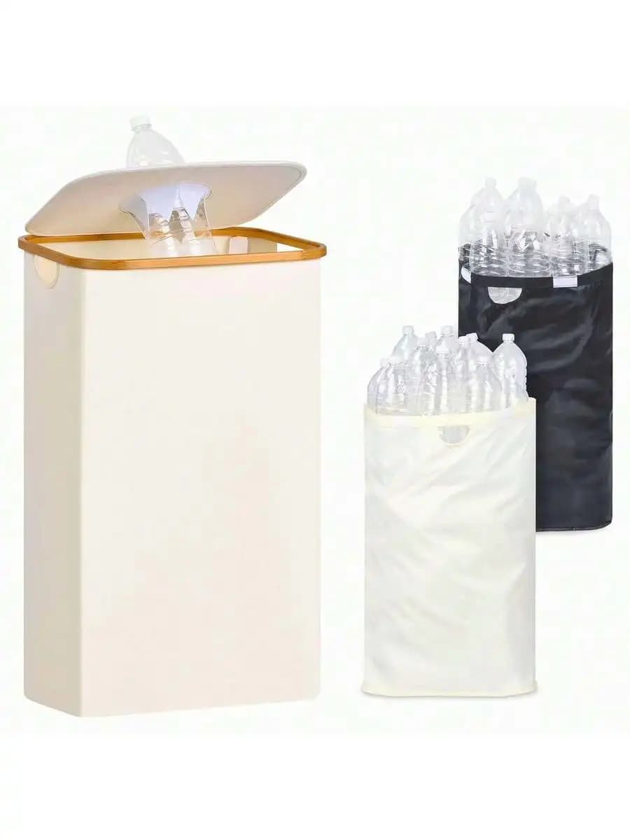 White 26-Gallon Kitchen Recycling Bin With Lid And 2 Reusable Liners For Plastic Glass Cans