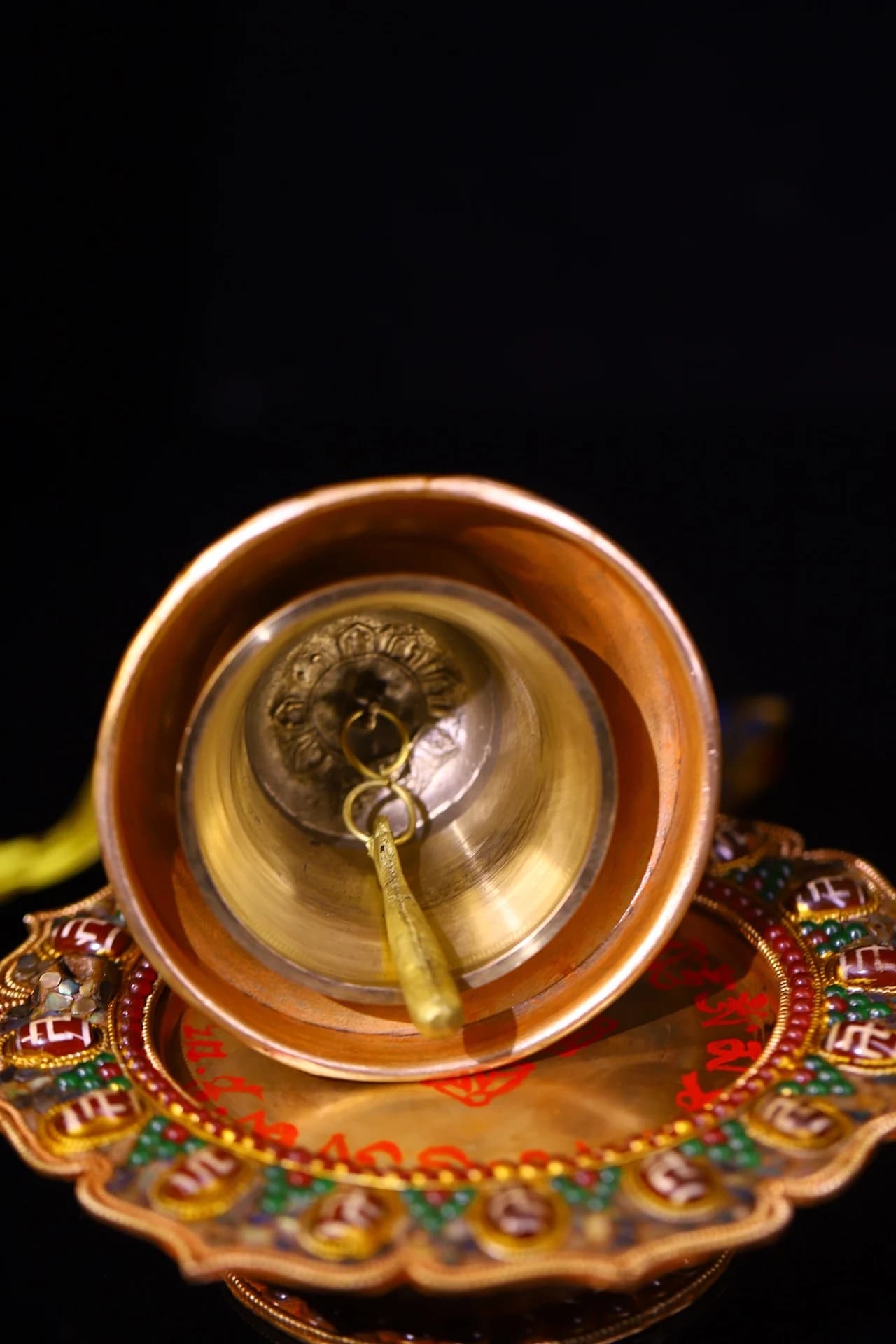 9"Xizang Folk Collection Old Tibetan silver Gilded Mahakala Head Old Ringing Bell Vajra Lotus Terrace Base Worship Hall