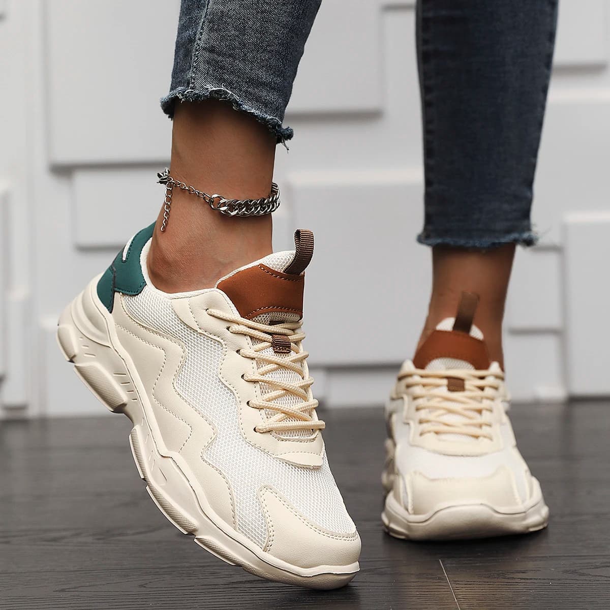Women Color Block Dad Sneakers Breathable Mesh Platform Shoes Ladies Comfort Non Slip Daily Walking Casual Shoes