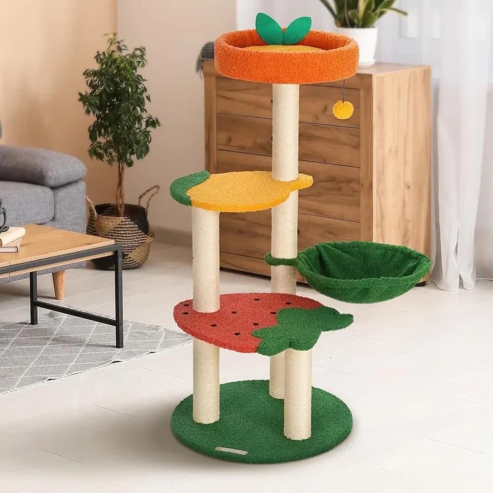 Albero per Gatti a Tema Frutta da 40,5 Pollici con Tiragraffi in Sisal, Amaca Accogliente e Posti Soggiorno a Forma di Fragola per Gatti da Interno