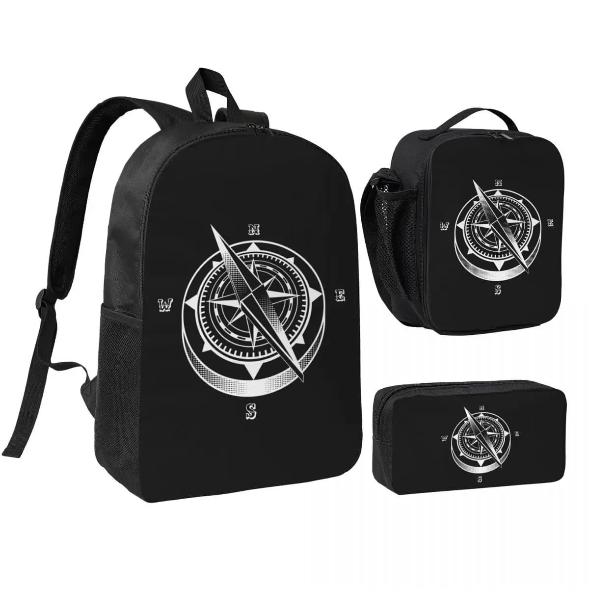 Set 3 Pezzi: Zaino Nautico con Bussola e Ancora, Borsa a Tracolla per Computer, Borsa Termica per il Pranzo e Astuccio