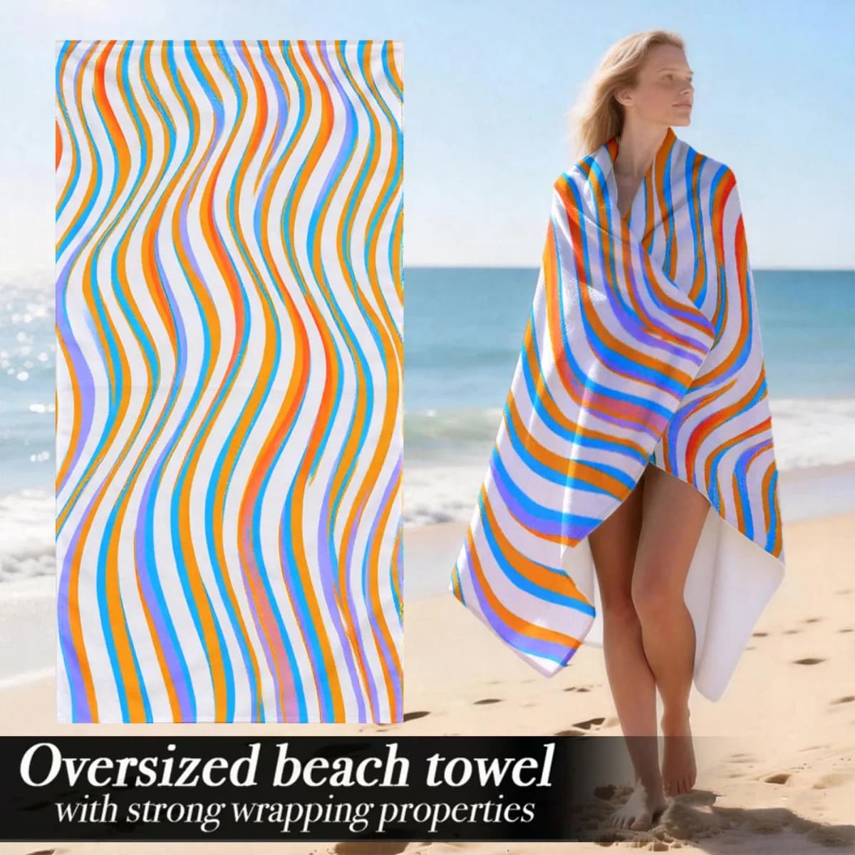 Telo mare oversize a righe ondulate, con protezione solare e antivento, adatto per piscina, campeggio, viaggi, come coperta.