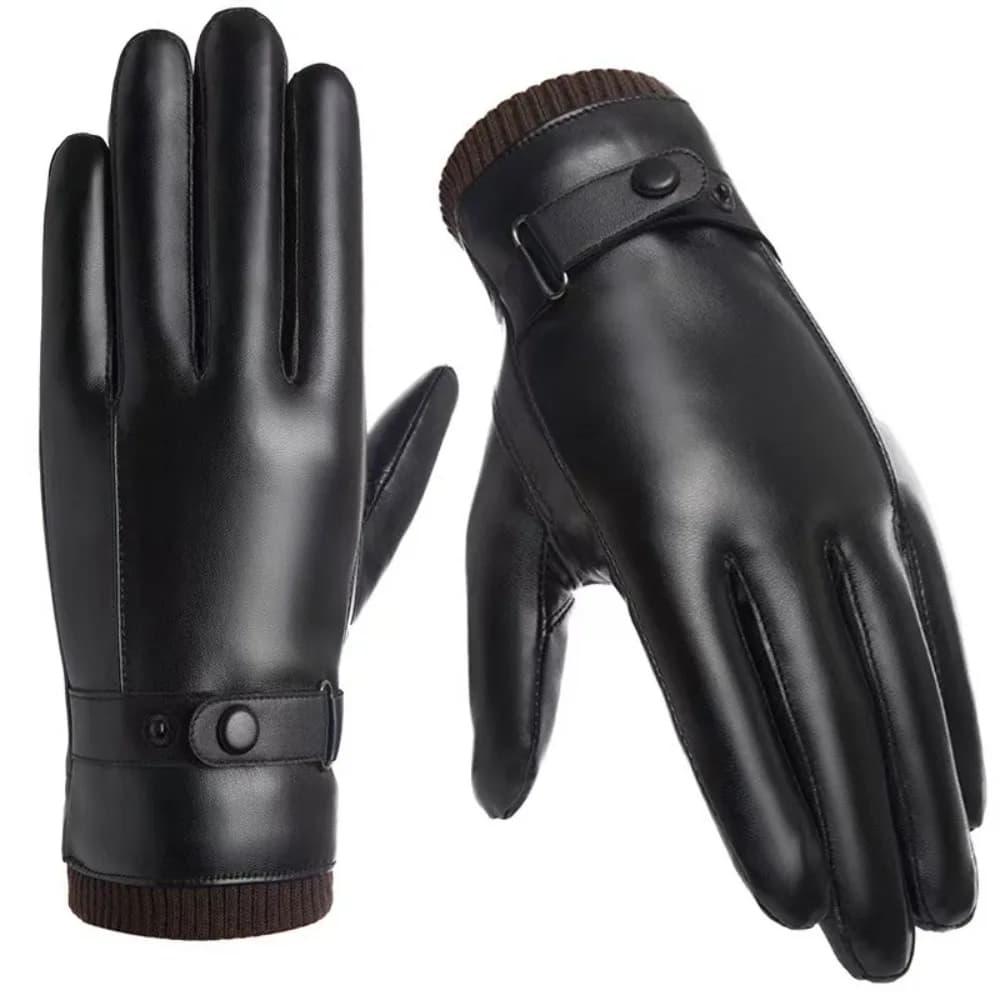 Windproof Men's PU Leather Gloves Touch Screen Thick Velvet Male Cycling Gloves Soft Keep Warm Motorcycle Full Finger Mittens