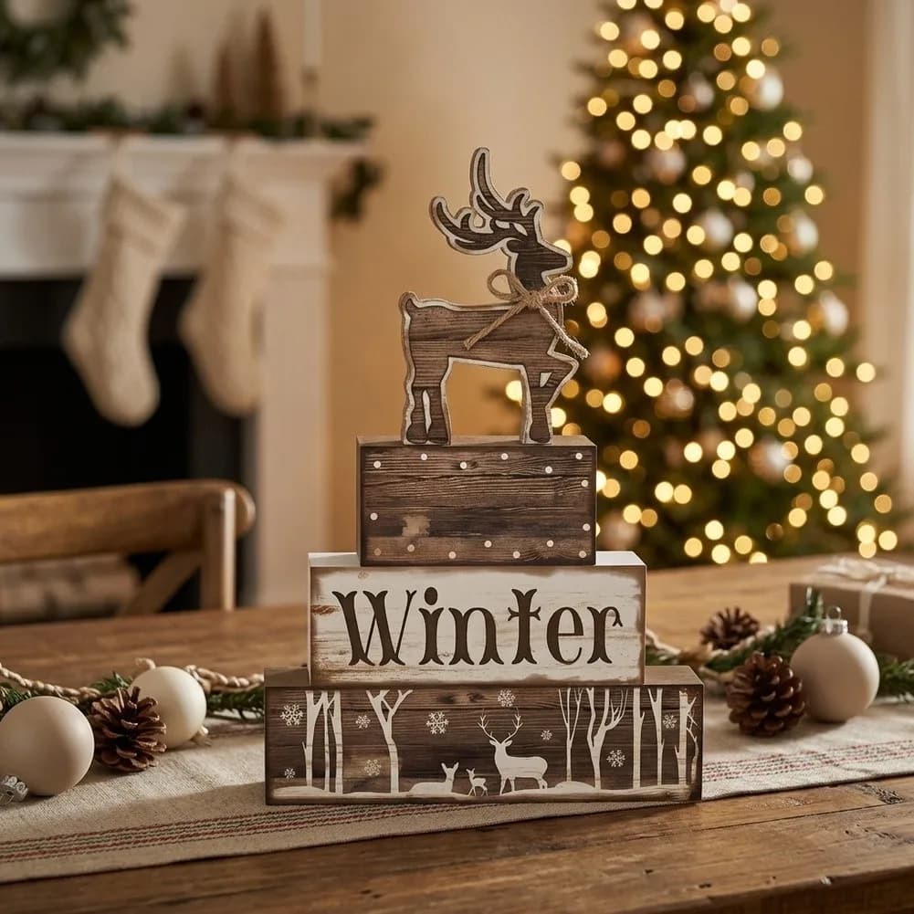 3-Layer Stacked Wood Block Decor Featuring Reindeer Snowflakes For Seasonal Holiday Display On Mantels Shelves And Entry Tables