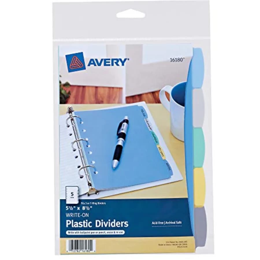 Write and Erase Durable Plastic Mini Dividers for 3 Ring Binders and 7-Ring Binders, 5.5" x 8.5", 5-Tab Set, Multicolor, 1 Set