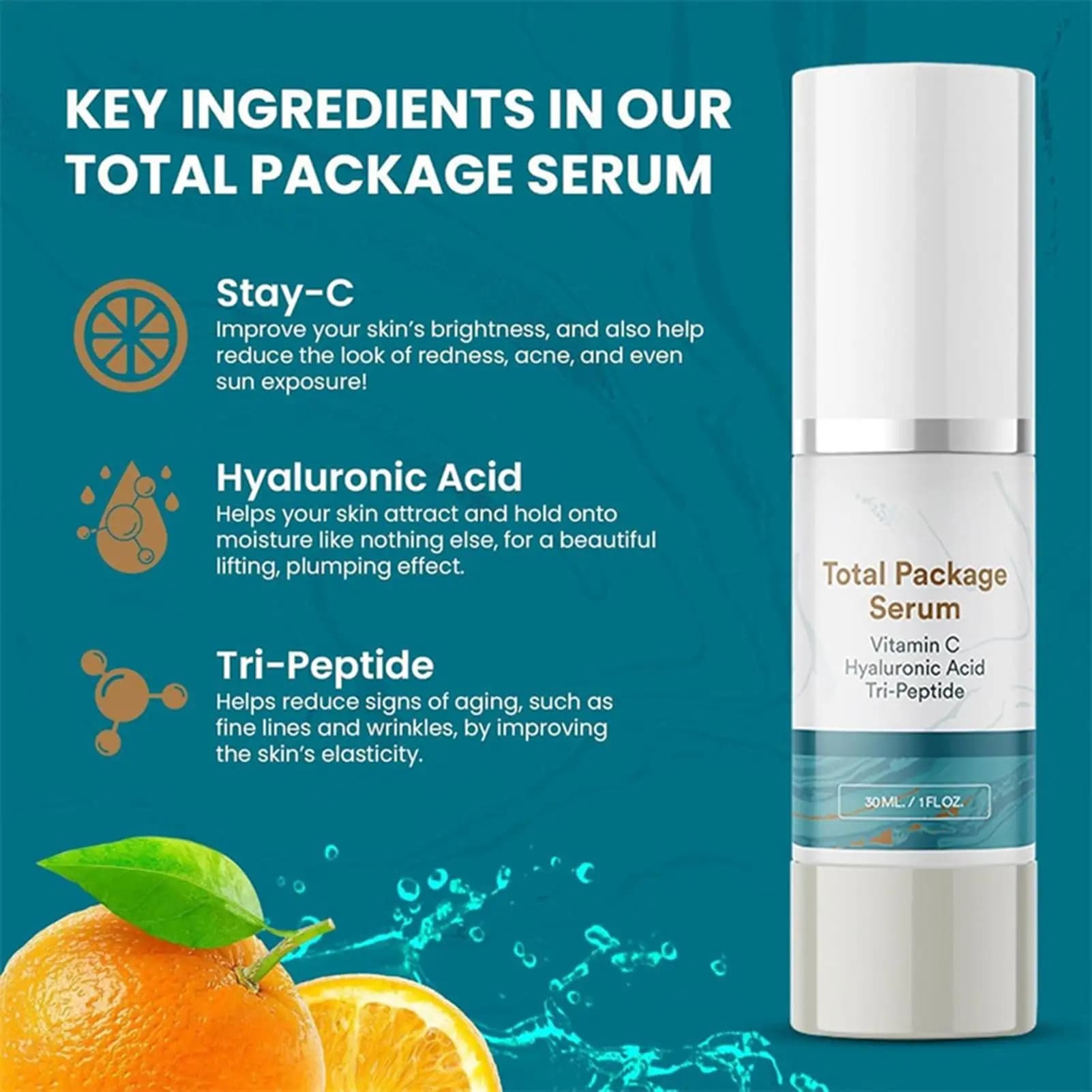 Siero Professionale Tutto-in-Uno con Vitamina C, Acido Ialuronico e Tripeptide, Siero Viso Idratante, Nutriente e Illuminante