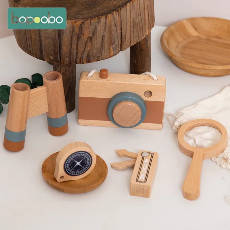 5 pz/set legno Outdoor Explore Kit fotocamera giocattolo per bambini regalo di compleanno lente d'ingrandimento Compas Montessori in legno regalo fai da te giocattolo all'aperto