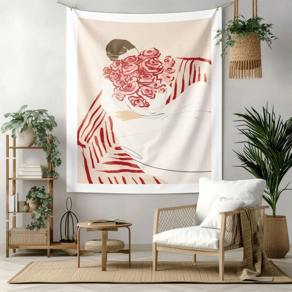 Abstract Floral Woman Tapestry Boho Wall Art Hanging for Bedroom Living Room Aesthetic Home Decor Woven Blanket Quick Setup