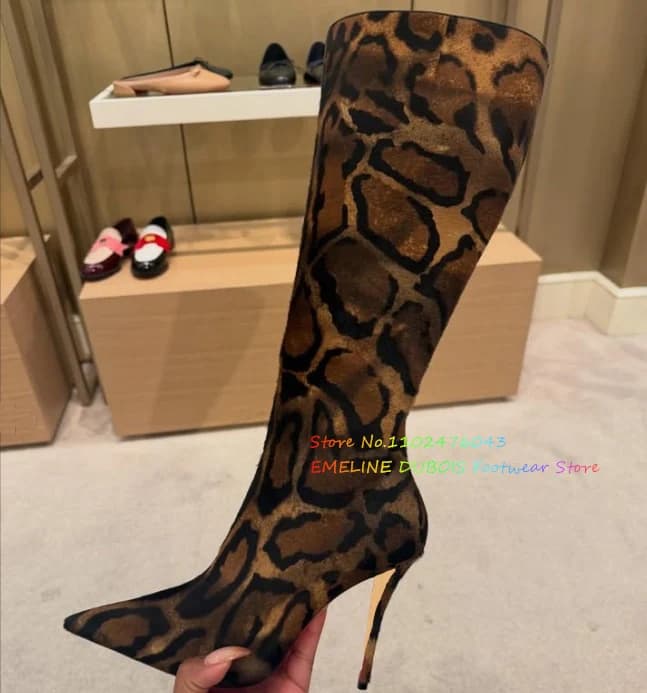 Leopard Print High Heel Knee High Boot Women Sexy Pointed Toe Stilettos Side Zipper Luxury Designer Fashion Winter New Shoes