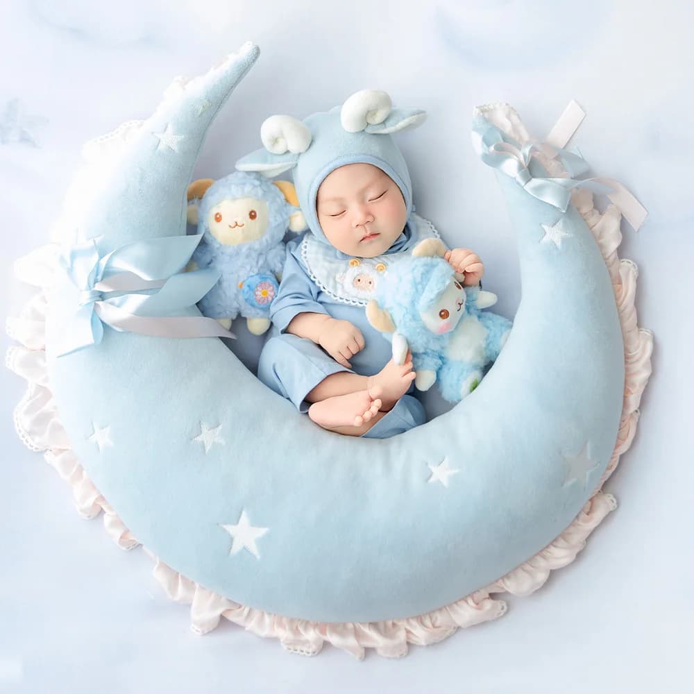 Cute Sheep Newborn Photography Props Set Moon Shape Posing Pillow Lamb Costume Hat Outfit Infant Studio Photoshoot Accessories