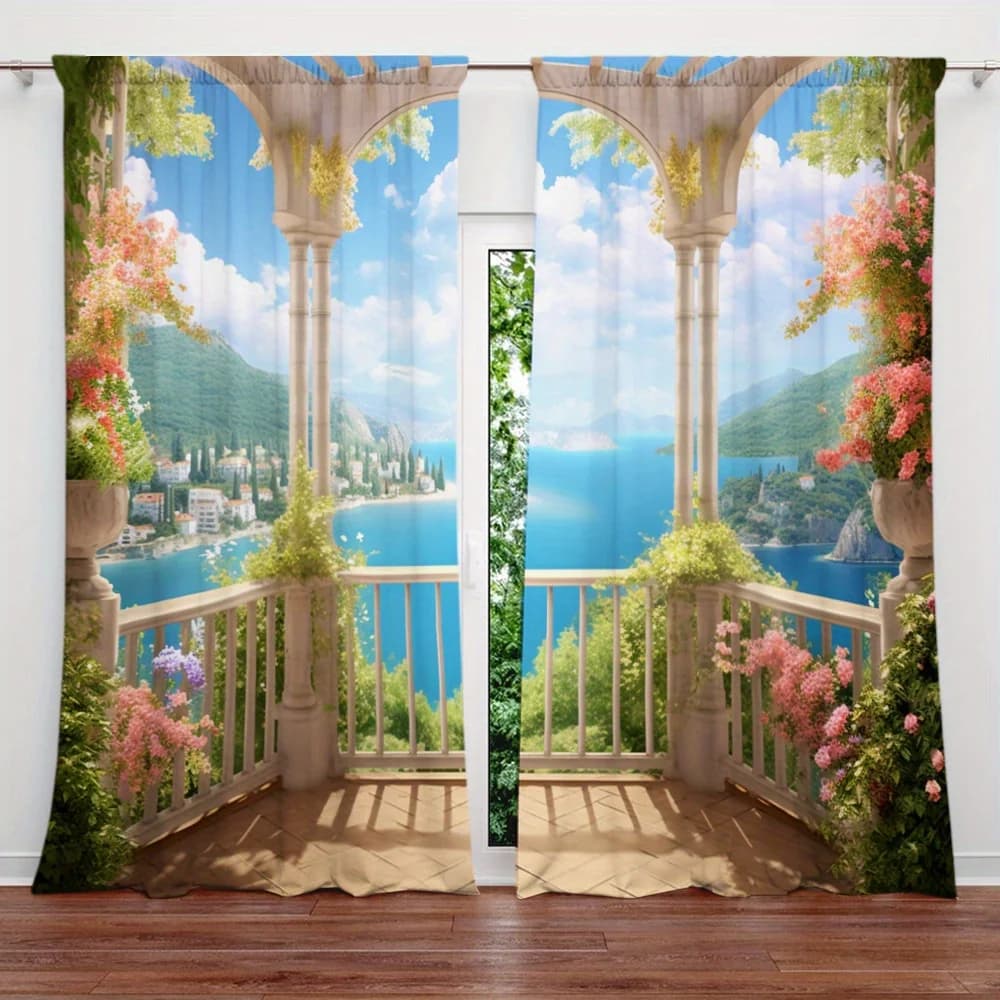 2pcs Mediterranean Balcony Curtains Coastal Sea View Floral Arch Window Drapes Scenic Landscape Decor Living Room Bedroom