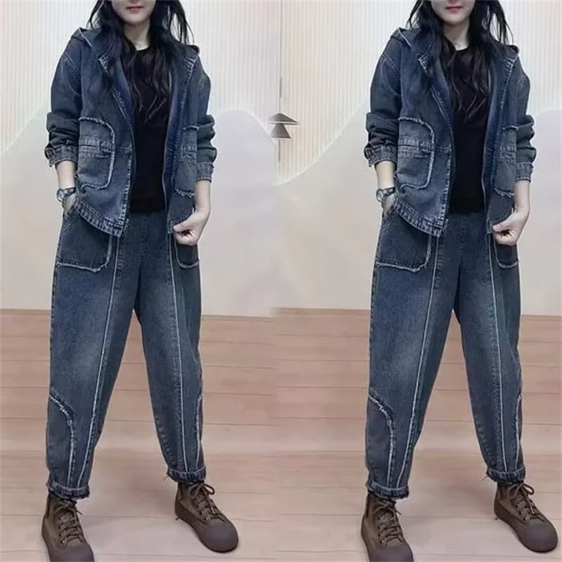 2024 Autumn Hooded qDenim jacket Suits Wear Hooded Denim Coat Fashion Set Women's Spring New Coat casual Jeans Two-Piece Sets