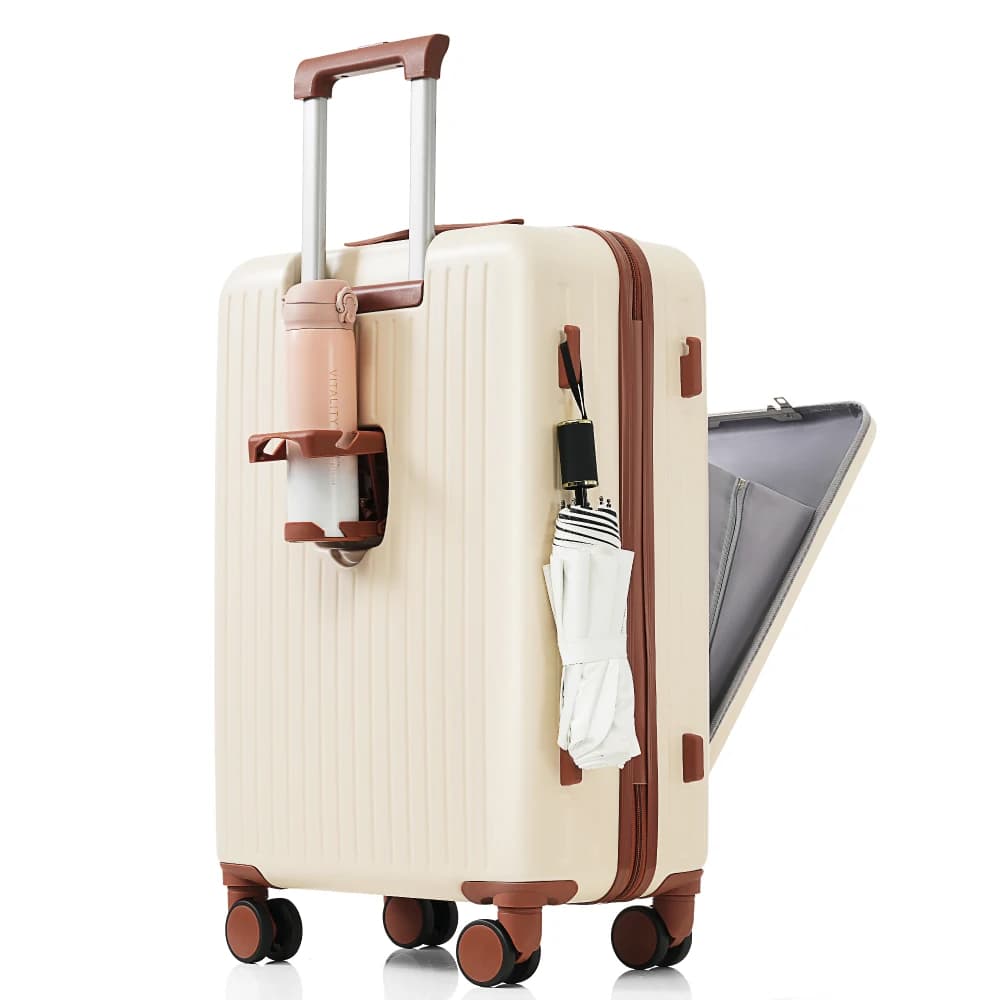 Set di Valigie in ABS a Guscio Rigido 3 Pezzi 20/24/28" con Apertura Frontale USB, Portabicchieri, Trolley da Viaggio Avorio Marrone