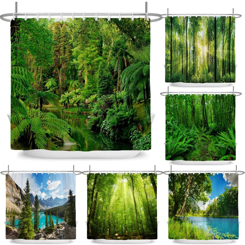 Tenda da doccia natura foresta schermo da bagno impermeabile alberi tende da scenario panno in poliestere decorazioni per la casa tende da bagno