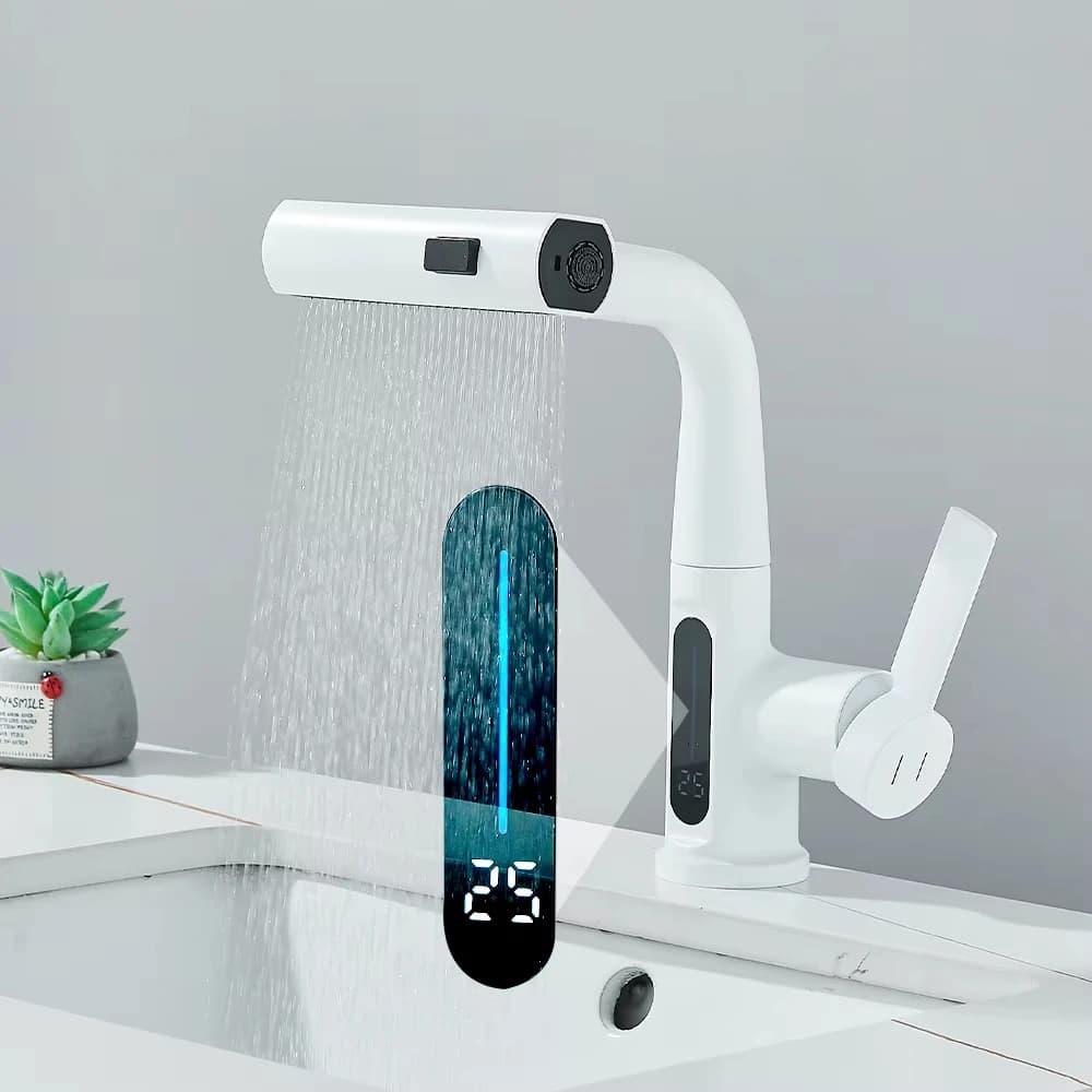 Rubinetto per lavabo da bagno bianco/nero con display digitale della temperatura, braccio estraibile, bocca a cascata e miscelatore acqua calda e fredda.