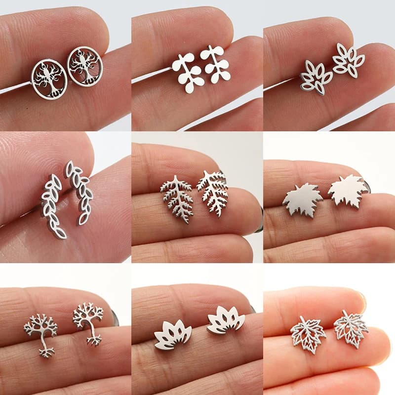 Orecchini di loto albero della vita in acciaio inossidabile con piante multiple per donne Gioielli per orecchie a foglia Ragazze Orecchini Boho Accessori per regali