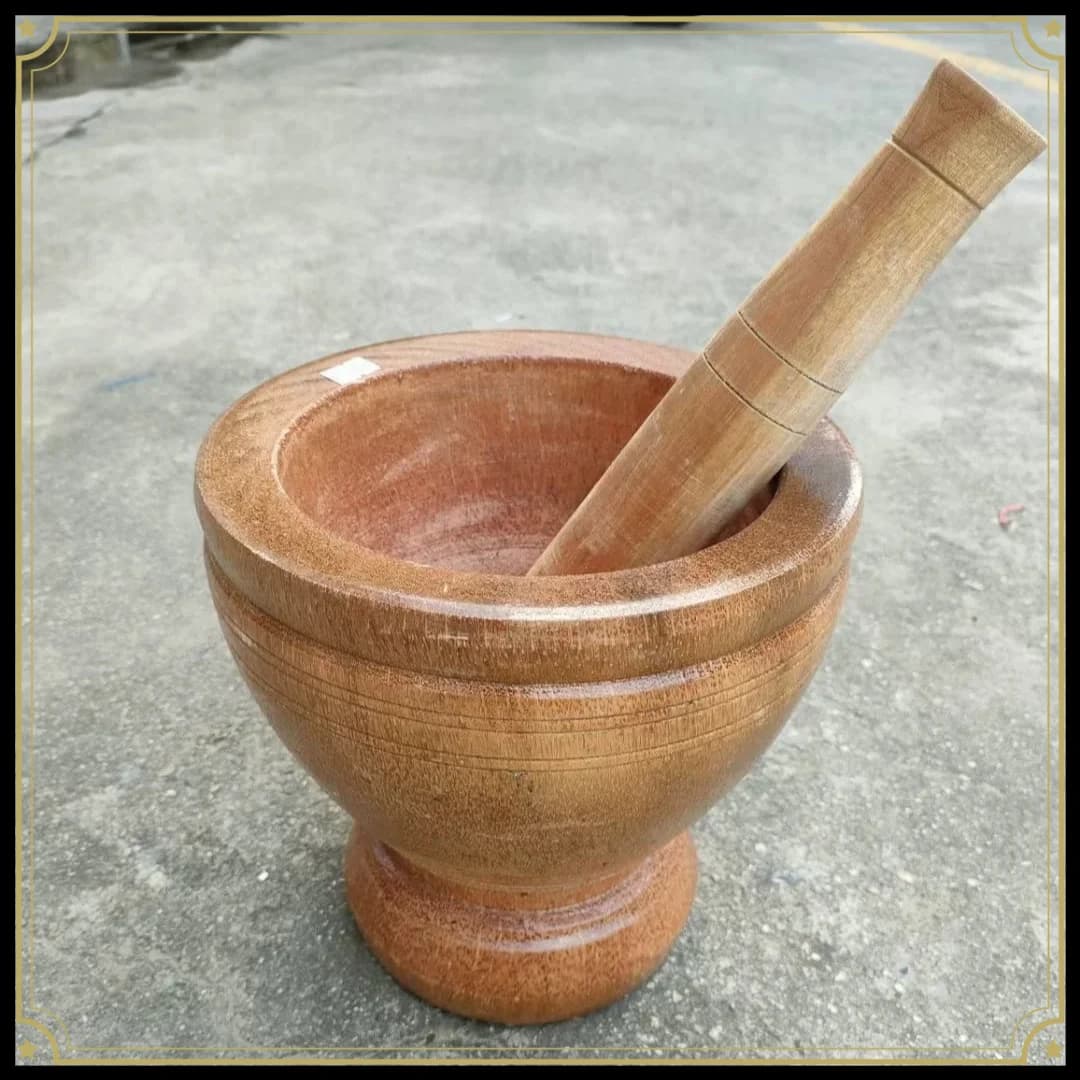 Solid Wood Mortar Pestle Set, Thai Style Grinding Bowl for Spice Garlic, Traditional Wooden Food Crusher for Kitchen