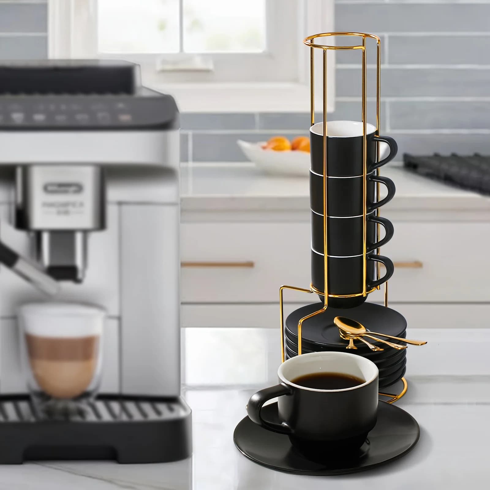 Set di 6 tazze da cappuccino nere opache da 120 ml, tazze da espresso in ceramica impilabili con piattino, cucchiaio e supporto in metallo - per Lungo