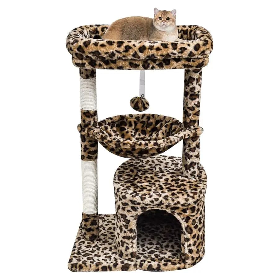 Piccolo albero per gatti con stampa leopardata per gatti da interno, torre per gatti con tiragraffi, casetta moderna per gatti con posatoio imbottito, condo per gattini