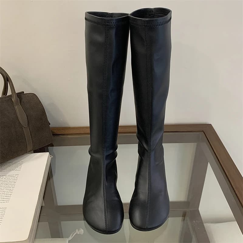 Soft Leather Round Toe Knee High Boots Women Street Style Comfort Stretchy Long Boots Ladies Lightweight Designer Women's Shoe
