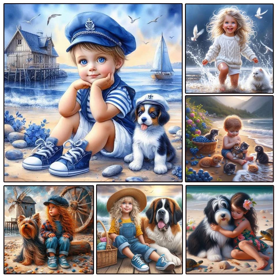 Kit di pittura diamante Ragazzo Ragazza Cane Mosaico Trapano completo 5d Fai da te Diamante Ricamo Paesaggio balneare Punto croce Decorazioni per la casa