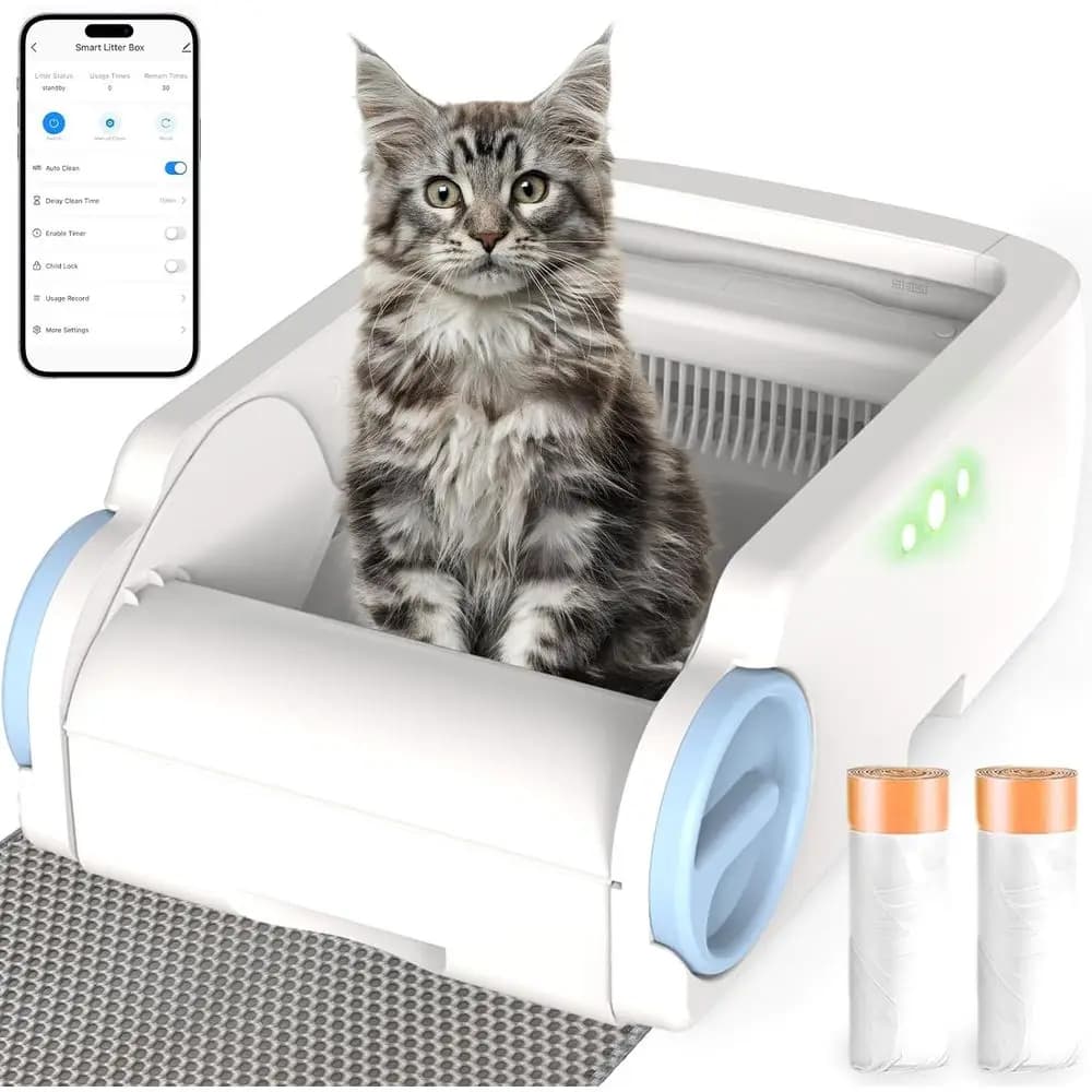 Lettiera Automatica per Gatti con Apertura Superiore, Controllo Tramite App, Sensore di Sicurezza, Controllo Odori, Sacchi per Rifiuti e Tappetino Igienico, Bianca