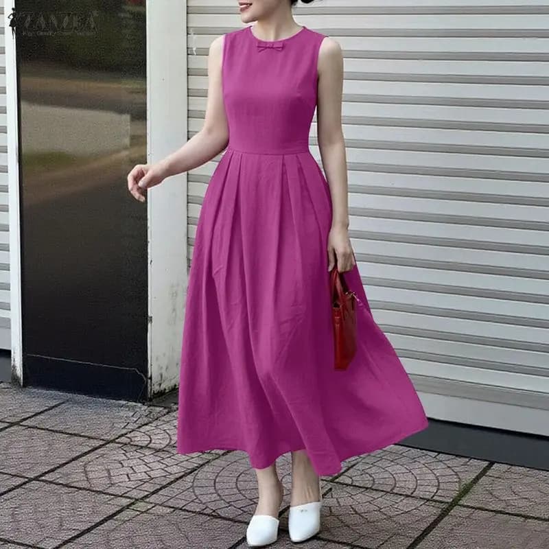ZANZEA 2026 Abito Estivo Senza Maniche da Donna, Elegante Vestito a Canotta per Vacanze, Abito da Lavoro Pieghettato a Tinta Unita, Vestito a Trapezio con Vita Stretta
