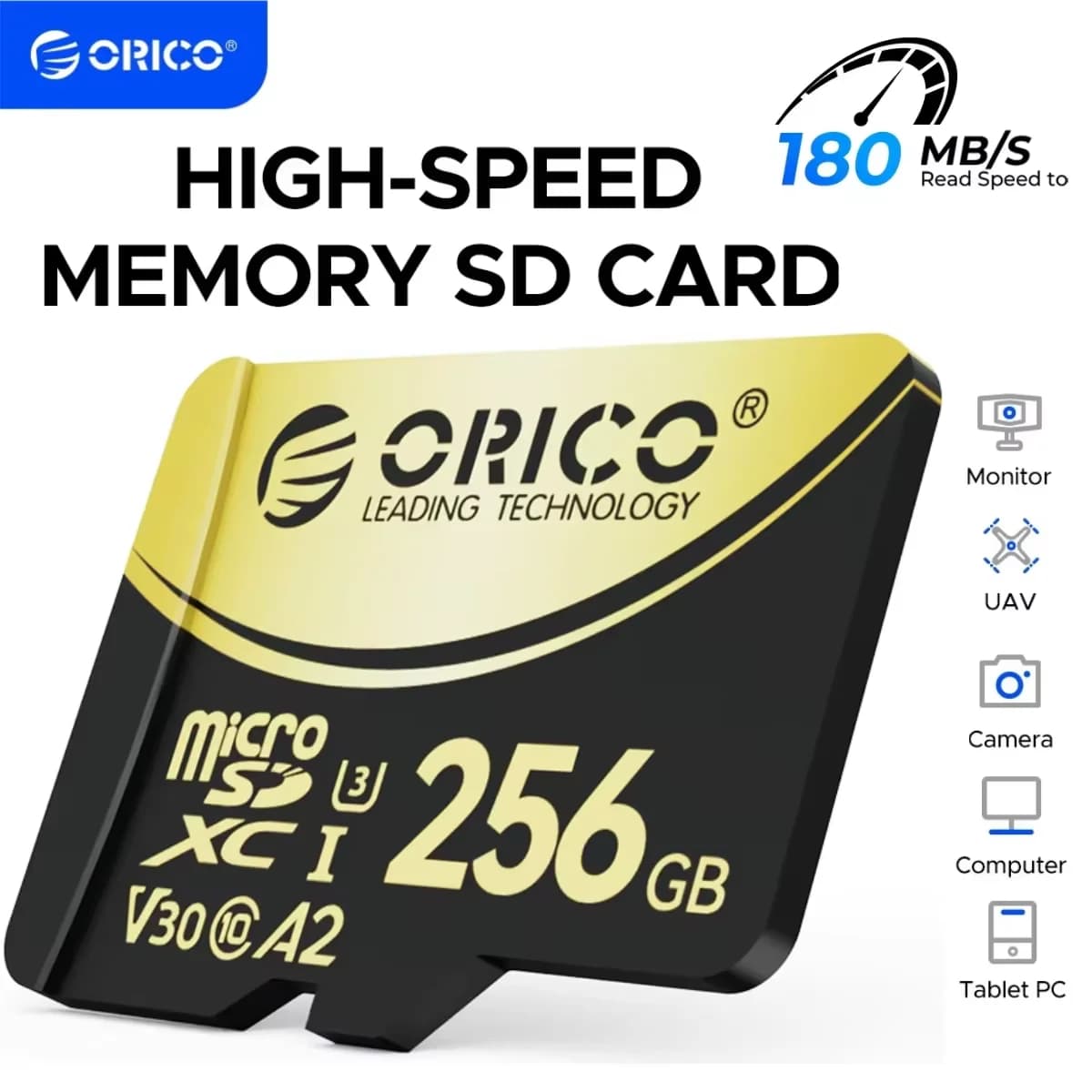 Scheda di memoria ORICO V3 MicroSDXC UHS-I da 256 GB, lettura 180 MB/s 160 MB/s, codifica 4K UHD, U3, Classe 10, V30, A2, Micro SD per drone