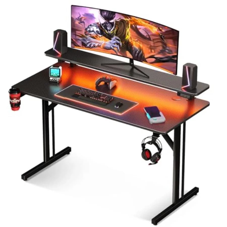 Scrivania da Gaming da 39 Pollici con Luci LED, Tavolo per Computer con Ripiano per Monitor, Scrivania per Gamer con Texture in Fibra di Carbonio