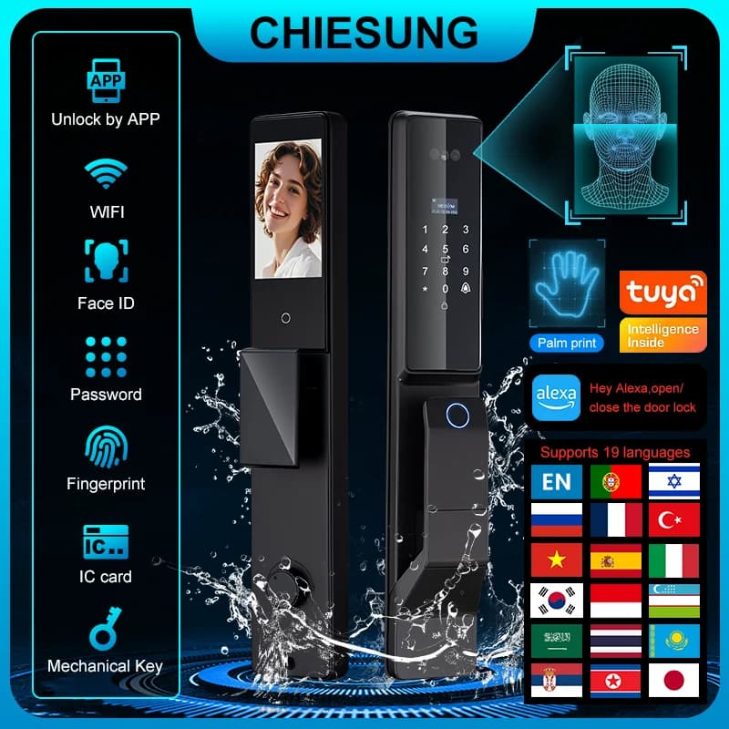 Serratura intelligente per porta con controllo vocale Alexa Wifi esterno impermeabile Tuya APP Serratura per porta con riconoscimento facciale 3D con fotocamera
