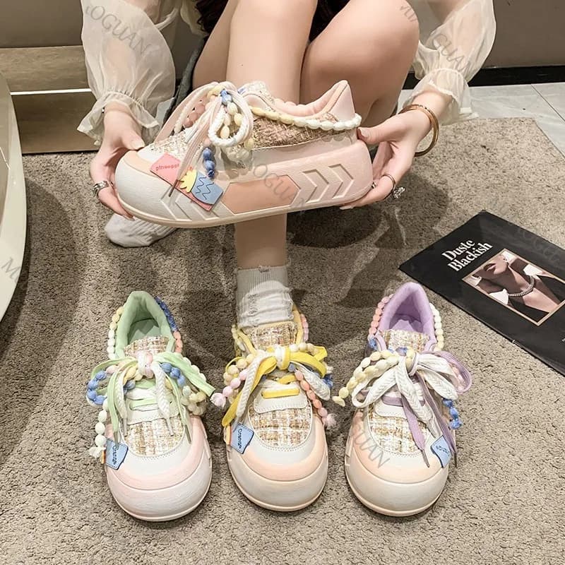 Colorful 5CM Ladies Shoes FashionThick Bottom Round Toe Lace Up Women's Vulcanized Sneakers Comfort Outdoor Breathable Footwears