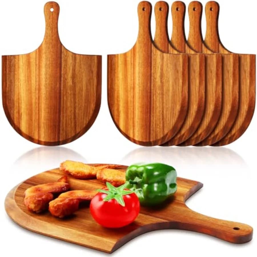 Set di 6 Palette per Pizza in Legno di Acacia con Manici, Spatola in Legno da 12 Pollici, Tagliere Rotondo per Pizza, Vassoio per Servire Formaggio e Carne