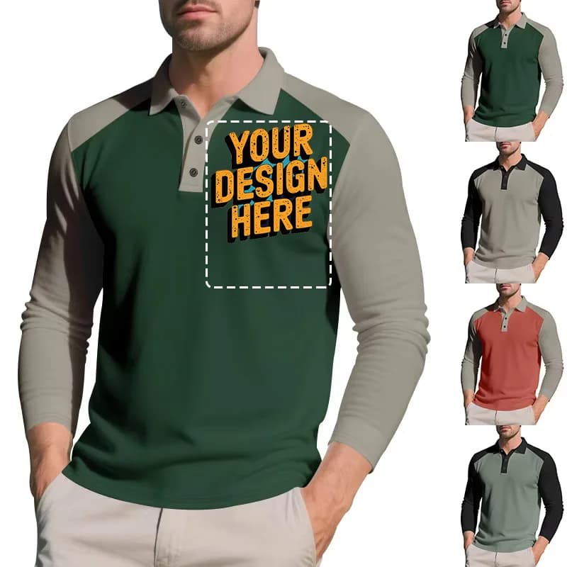 Fre Logo personalizzato/testo/foto Colorblock da uomo allentato Casual Autunno Golf Lasel Fibbia Polo a maniche lunghe T-shirt da uomo