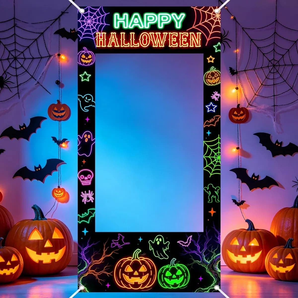 Neon Halloween Photo Frame Banner, Skull Cobweb Jack-o-lantern Pattern Door Curtain for Trick or Treat Party Decoration
