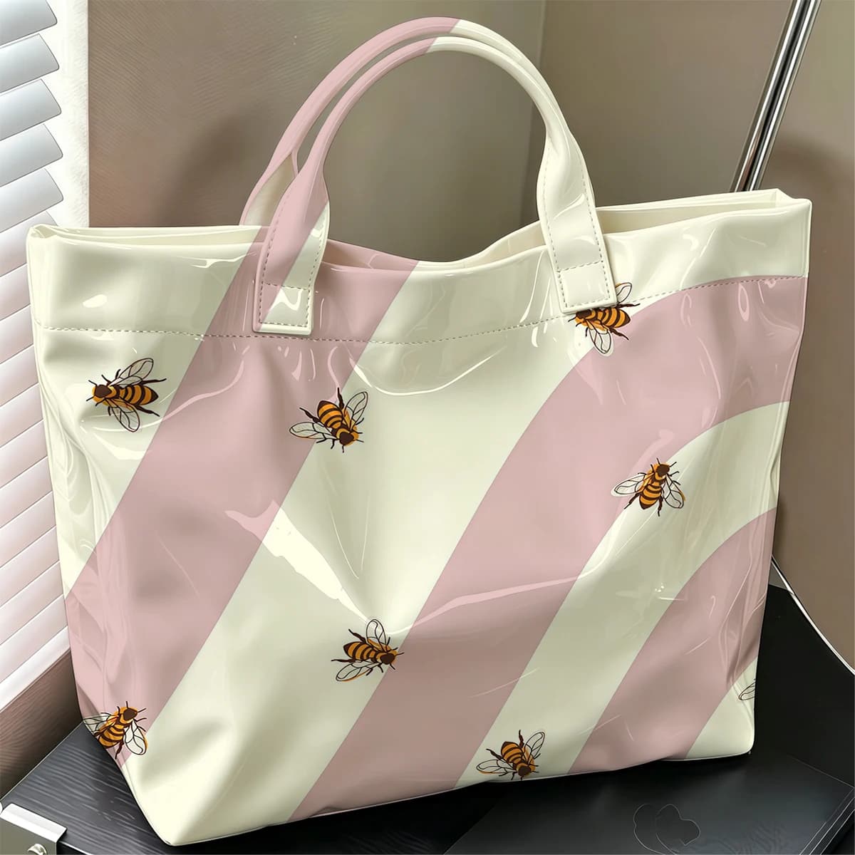 Bee Stripes Hot Sale Large Glossy PVC Tote Bag Hand Washable Waterproof Great for Travel Commute Makeup Storage Handbags