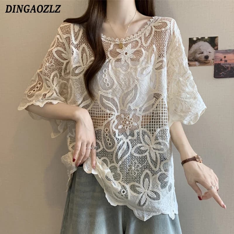 Top ricamati da donna coreana Camicetta estiva con fiore a gancio Camicetta ampia per abbigliamento casual Camicetta pullover lavorata a maglia