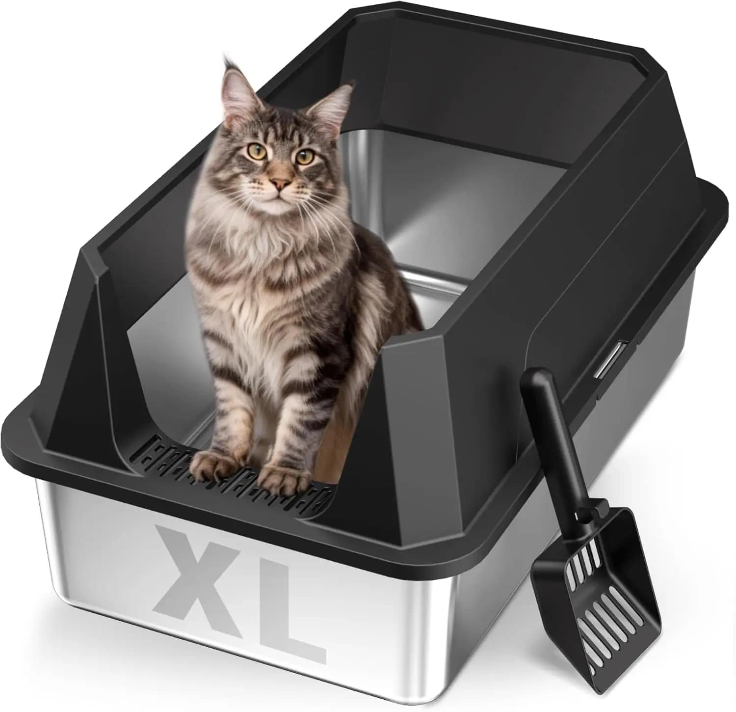 Lettiera per Gatti XL in Acciaio Inossidabile con Coperchio, Antiaderente e Impermeabile, Paletta Inclusa, Colore Nero